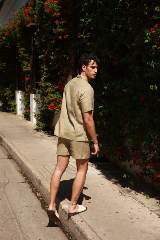OLIVE GREEN LINEN SHORTS