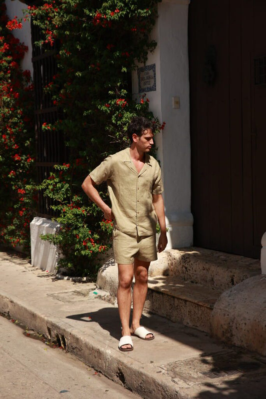 OLIVE GREEN LINEN SHORTS
